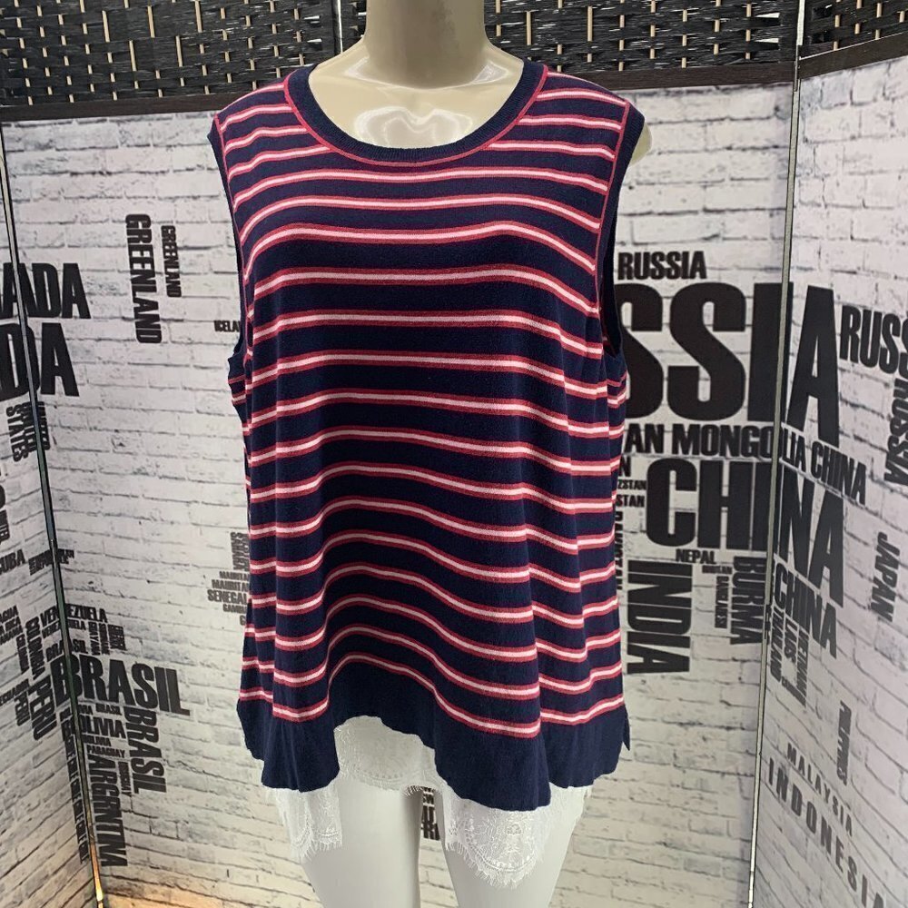 Tommy Hilfiger Plus 1X Blue/Red Striped Lace Hem Sweater Tank Top